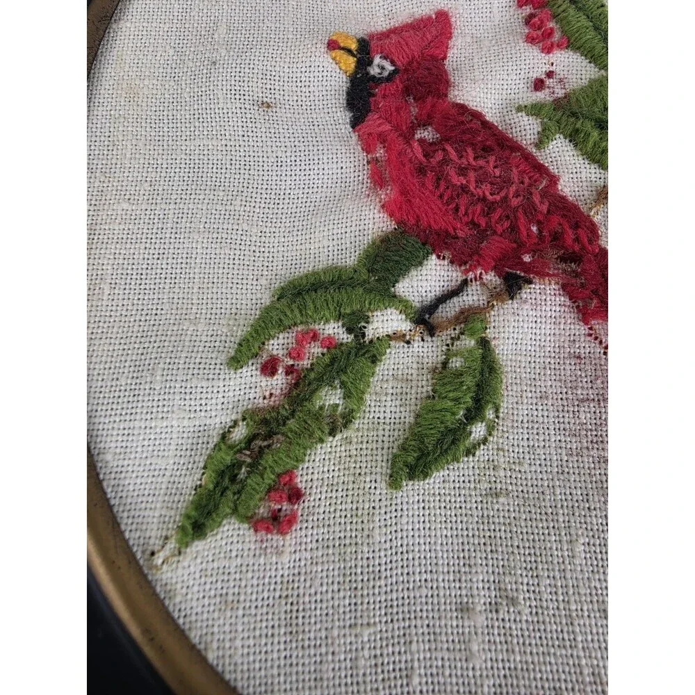 Vintage Red Cardinal Bird Mid Century Embroidery Handmade Hand Stitched Wall Art